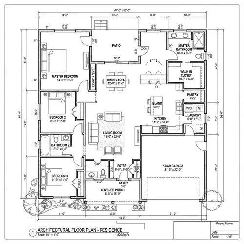 Architectural Floor Plan with 3 Bedrooms, 2 Bathrooms, Living Room & Kitchen