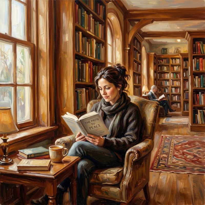 Tranquil Library Scene: Serene Self-Improvement Reading