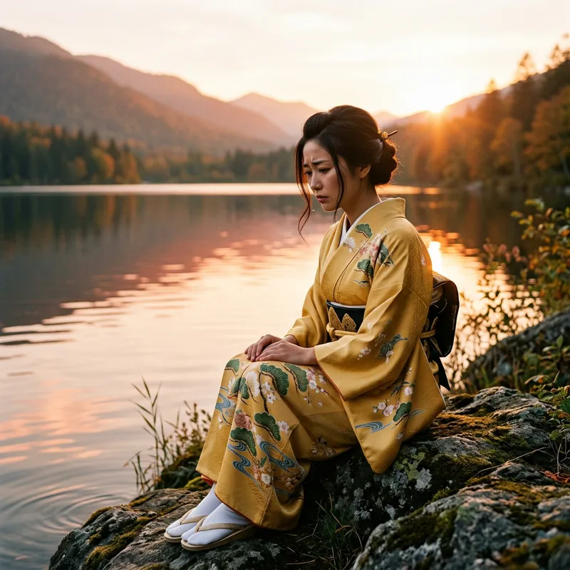Sad Kunoichi in Yellow Huomongi by the Lake