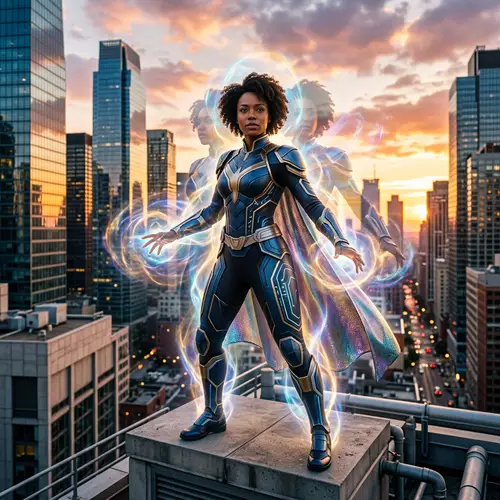 Empowering Black Superhero with Shape-Shifting Abilities in Urban Sunset Scene