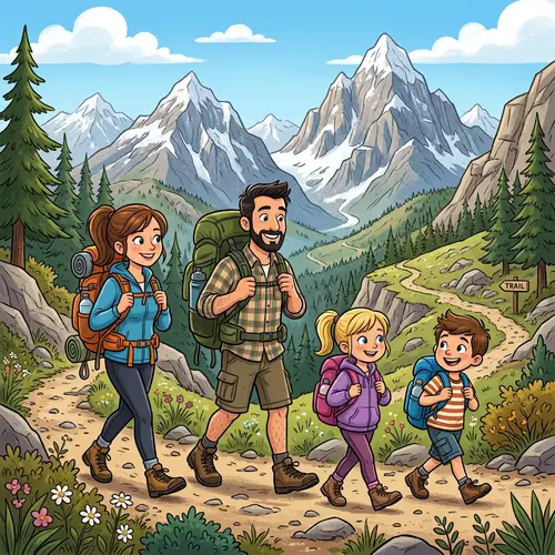 Family Hiking Adventure in Majestic Mountains | Cartoon Style