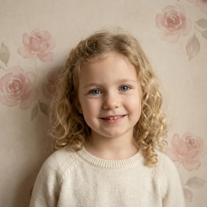 Curly Blond Girl with Bright Blue Eyes Against Beige Background | Serene Beauty