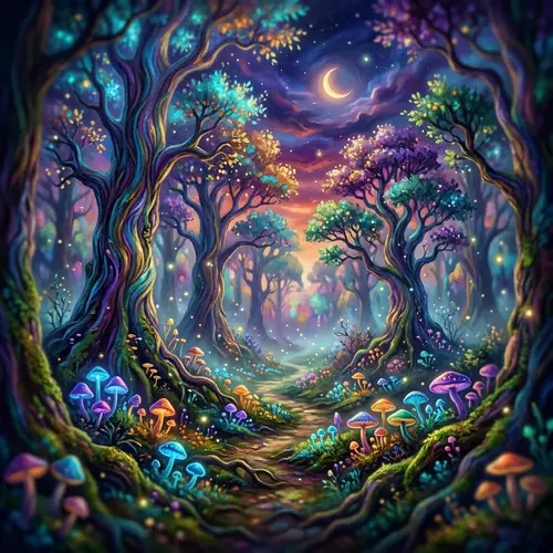 Surreal Dusk Forest: Mystical Colors & Glowing Mushrooms