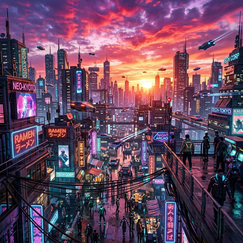 Vivid Technicolor Sunset Over Cyberpunk City | Futuristic Urban Landscape