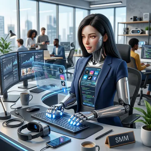 Futuristic Female Robot Social Media Manager with Interactive Touchscreen Display