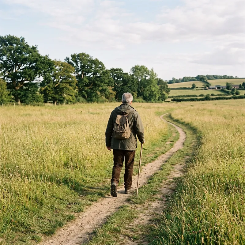 Walking Man on a Scenic Field Path Walking Man on a Scenic Field Path
