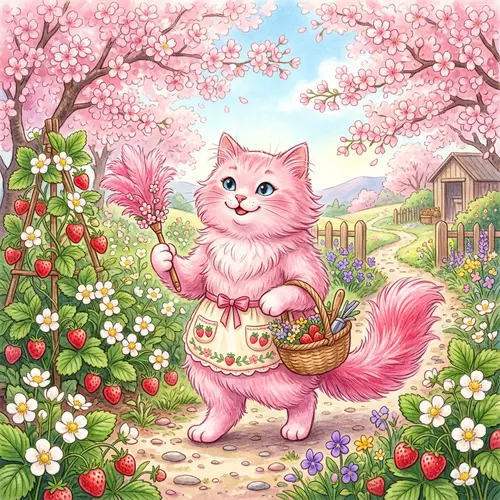 Cute Pink Duster Cat Among Blossoms