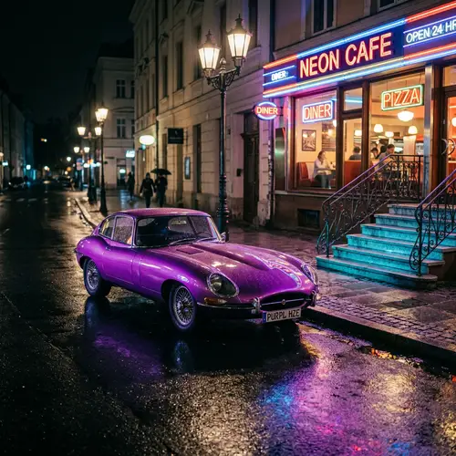 Classic Sports Car Night Scene in Neon Purple
