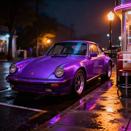 Classic Sports Car Night Scene in Neon Purple