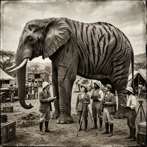 Colossal Tiger-Striped Elephant and Research Scientists