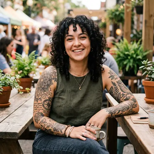 Dark Curly Hair Woman with Tattoos and Piercing