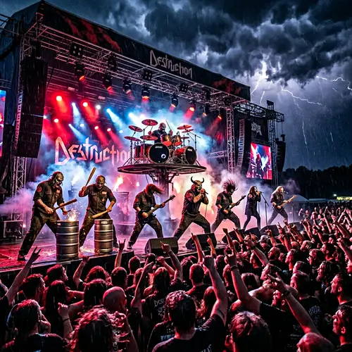 Intense Heavy Metal Concert Under Stormy Night Sky