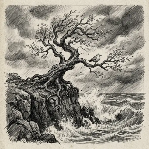Tenacious Pencil Art: Gnarled Tree Defying Elements