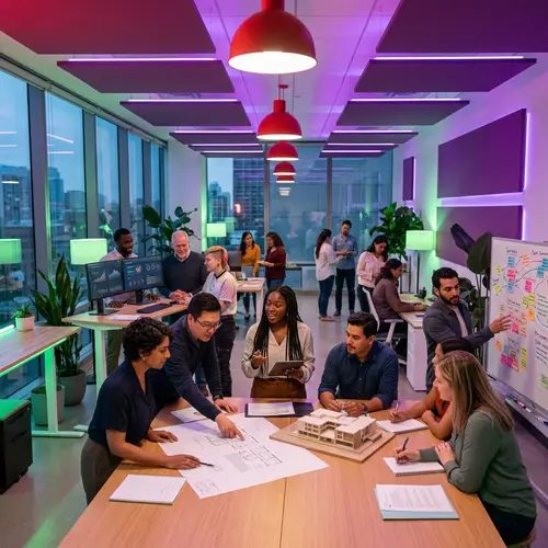 Harmonious Workplace Scene with Diverse Personnel and Vibrant Colors