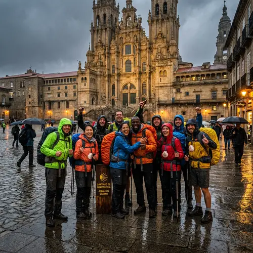 Hiking Enthusiasts Reaching Santiago de Compostela in Pouring Rain