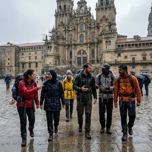Diverse Group of Hikers Reach Santiago de Compostela in Rain