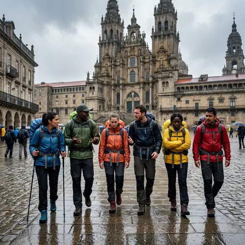 Dramatic Arrival of Six Hikers in Santiago de Compostela Amidst Rain
