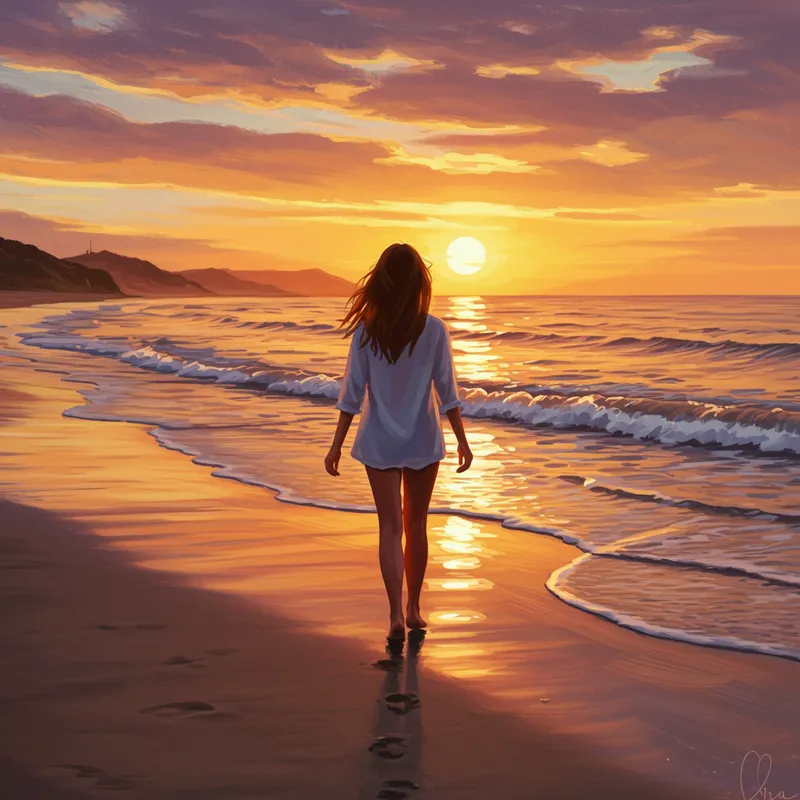 Young Woman Walking on Beach at Sunset