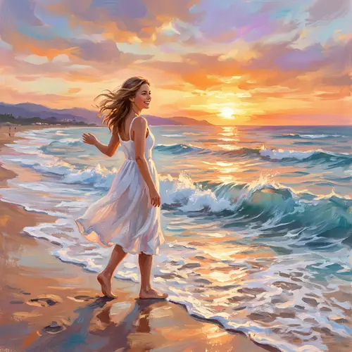 Young Woman Walking on Beach at Sunset