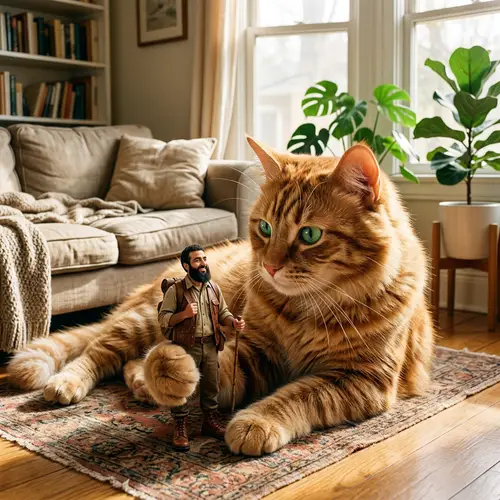 Giant Ginger Cat Holding a Human in a Cozy Scene