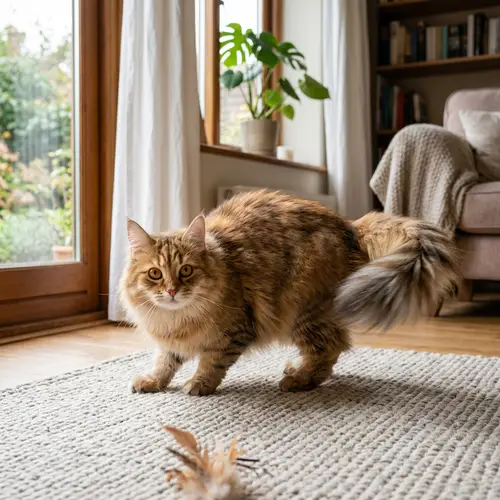 Fluffy Cat with Golden Eyes in Playful Position