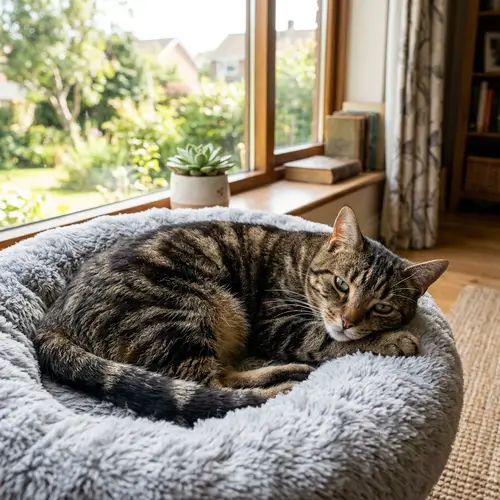 Domestic Tabby Cat Resting on Plush Bed by Window