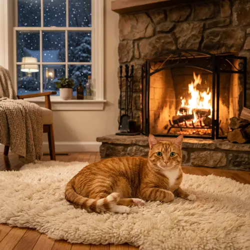 Domestic Short-Haired Cat Resting by Fireplace | Cozy Scene