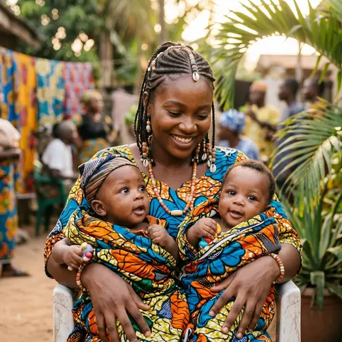 Young Nigerian Mother with Twin Infants: Cultural Diversity and Joy