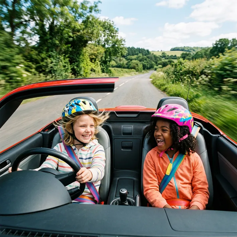 Diverse Girls Enjoying Ride in Red Car Diverse Girls Enjoying Ride in Red Car