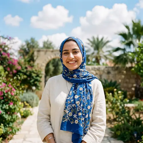 Middle-Eastern Girl in Blue Floral Hijab | Sunny Day Portrait