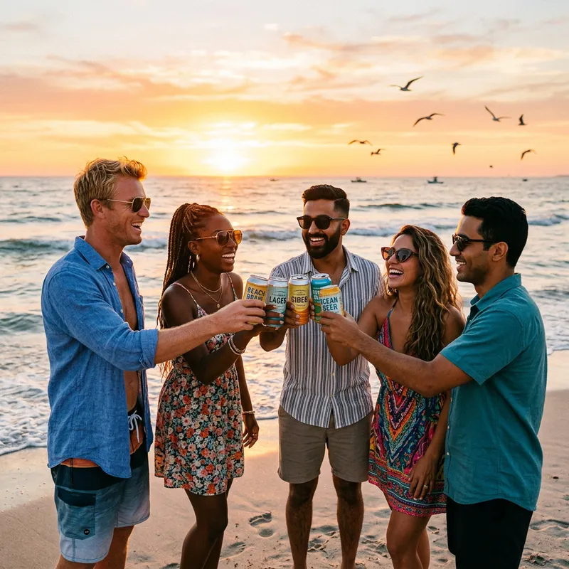 Friends Cheers with Beer Cans on Beach