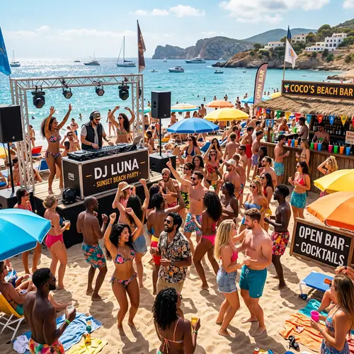 Bustling Beach Party with Live DJ | Mediterranean Fun Scene