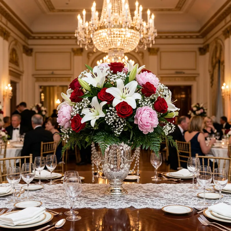 Elegant Flower Arrangement for Prestigious Events - Stunning Mix of Red Roses, White Lilies, Peonies & More