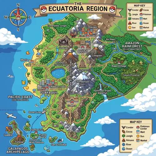 Pokémon-inspired Map of Ecuador: Andes, Amazon, Galapagos