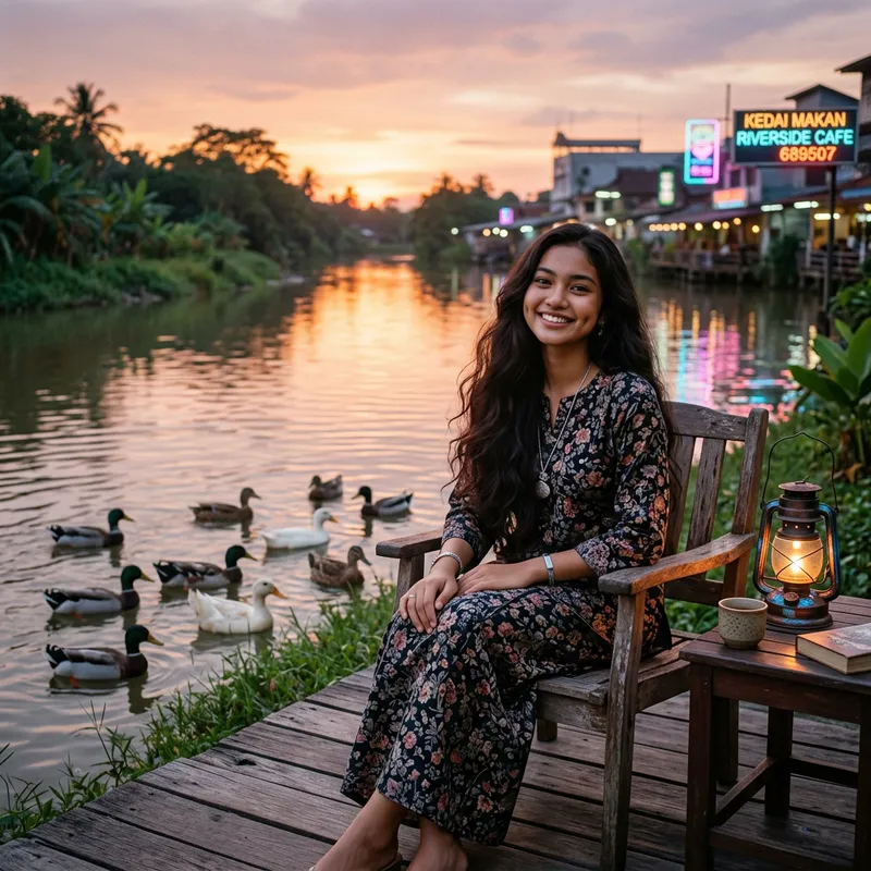 Pretty Malay Girl with Dimples by River at Evening