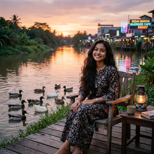 Pretty Malay Girl with Dimples by River at Evening