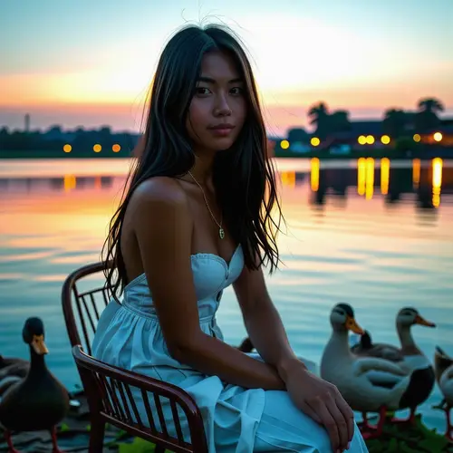 Pretty Malay Girl with Dimples by River at Evening