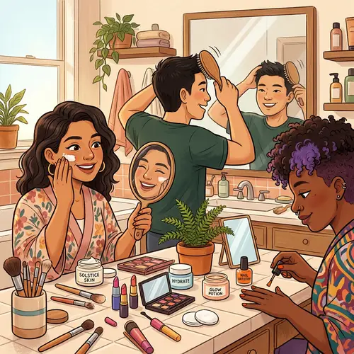 Diverse Beauty Routine with Latinx Woman, Asian Man, and Non-binary Individual