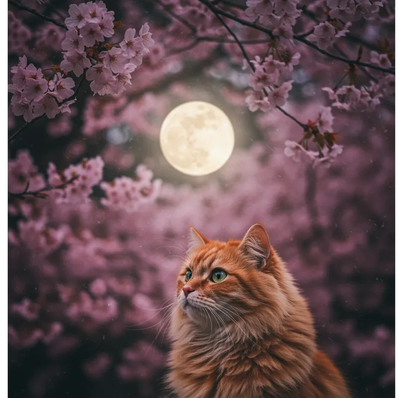 Cherry Cat Under the Moonlight
