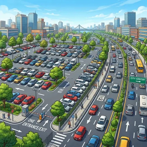 Urban Car Park with Diverse Vehicles | City Road Scene