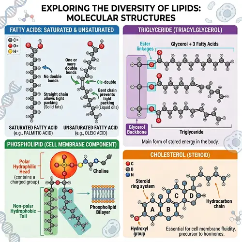 Detailed Molecular Structures of Lipids: Saturated and Unsaturated Fatty Acids, Triglycerides, Phospholipids, and Cholesterol