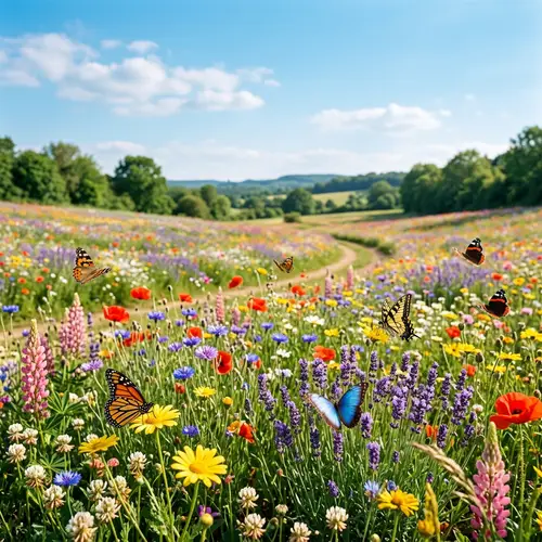 Spring Field with Vibrant Flowers and Butterflies - A Serene Snapshot