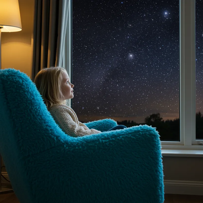 Blonde Girl Stargazing in a Cozy Blue Chair