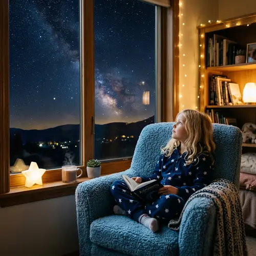 Blonde Girl Stargazing in a Cozy Blue Chair