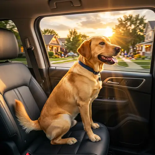 Golden Labrador Retriever Enjoying Car Ride in Suburban Neighborhood