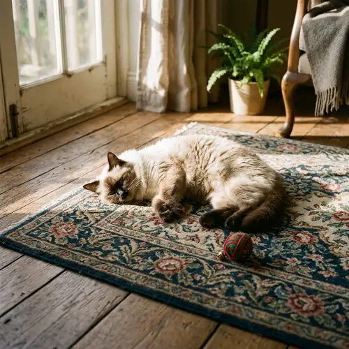 Fluffy Siamese Cat Resting on Vintage Floral Rug