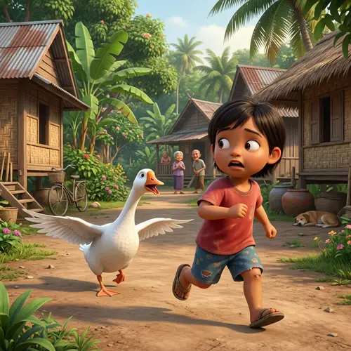 3D Animated Village Scene: Child Chased by Goose