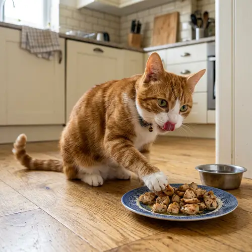 Sleek Orange and White Cat Enjoying Chicken | Kitchen Scene