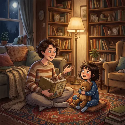 Cozy Nighttime Rabbi Stories: Short-Haired Woman & Wide-Eyed Child