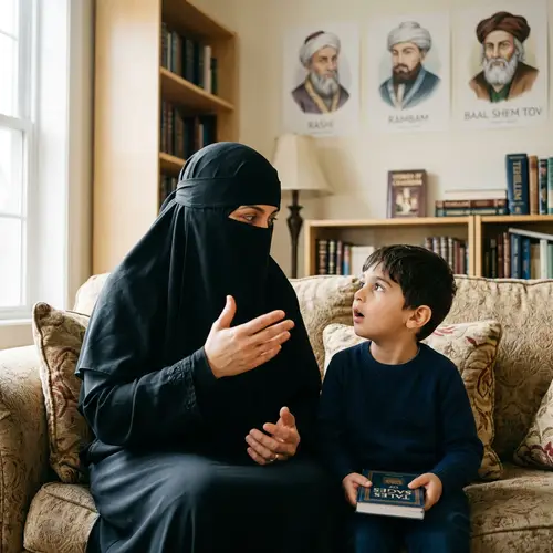 Photo-Realistic Image of Mother Engaging Child with Stories about Famous Rabbis